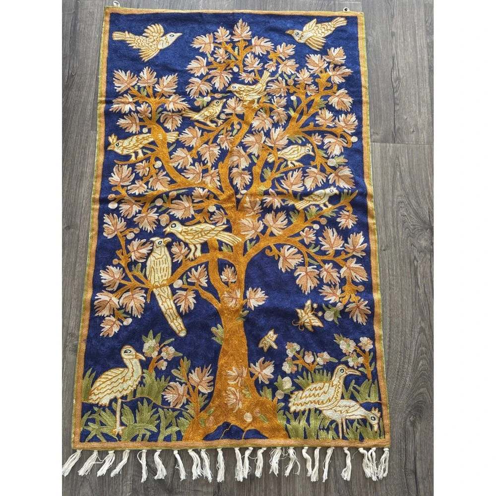 Vintage Tree of Life Chain Stitch Wall Hanging Bird Tapestry Crewel Art 48x32